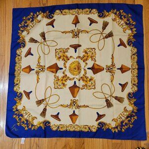 Je Jour Italian Made Scarf 100% Polyester 34" x 34" Blue/Gold/White Vintage Styl